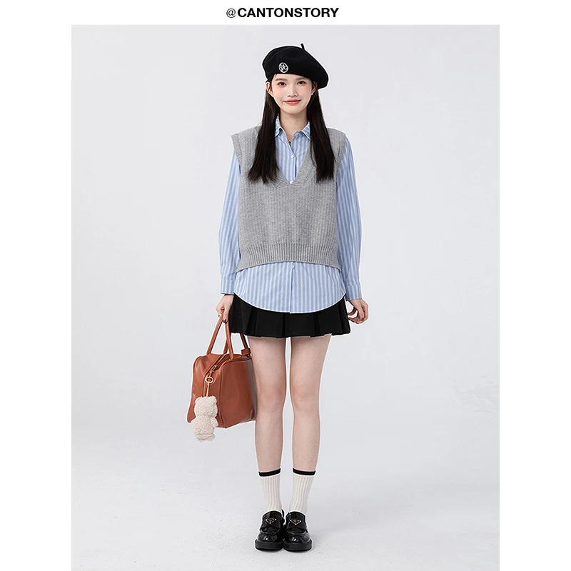 【现货】羊城故事 长袖条纹衬衫针织马甲女秋季新款上衣Y23102HJ003