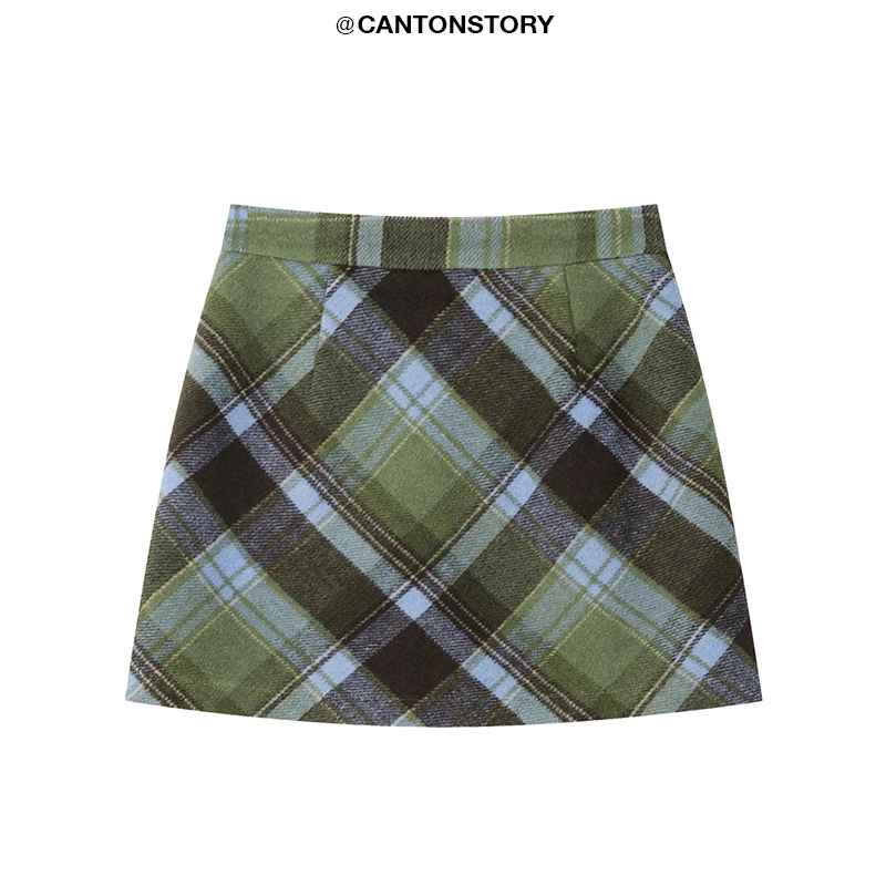 羊城故事【清仓！】毛呢格纹半身裙女冬季高腰直筒a字短裙 Y41247477