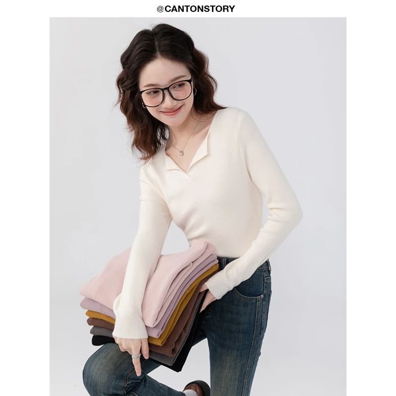 羊城故事 v领正肩上衣女秋百搭打底衫 Y23Y08x小v领针织衫x5166