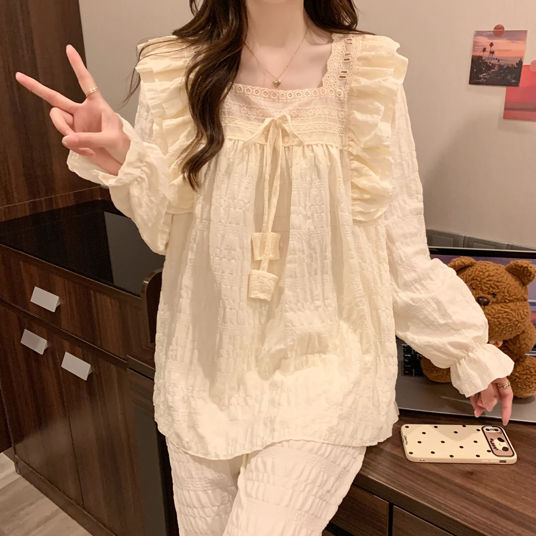 睡衣女春秋季新款宽松长袖长裤宫廷风蕾丝花边甜美少女家居服套装