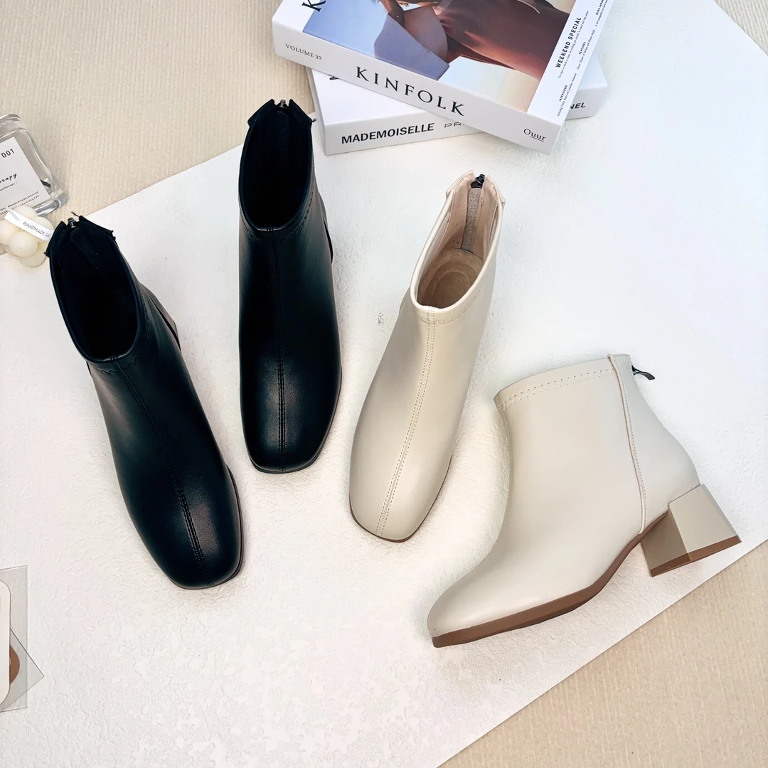 高跟短靴女2024新款女鞋秋冬法式百搭粗跟瘦瘦靴.6661