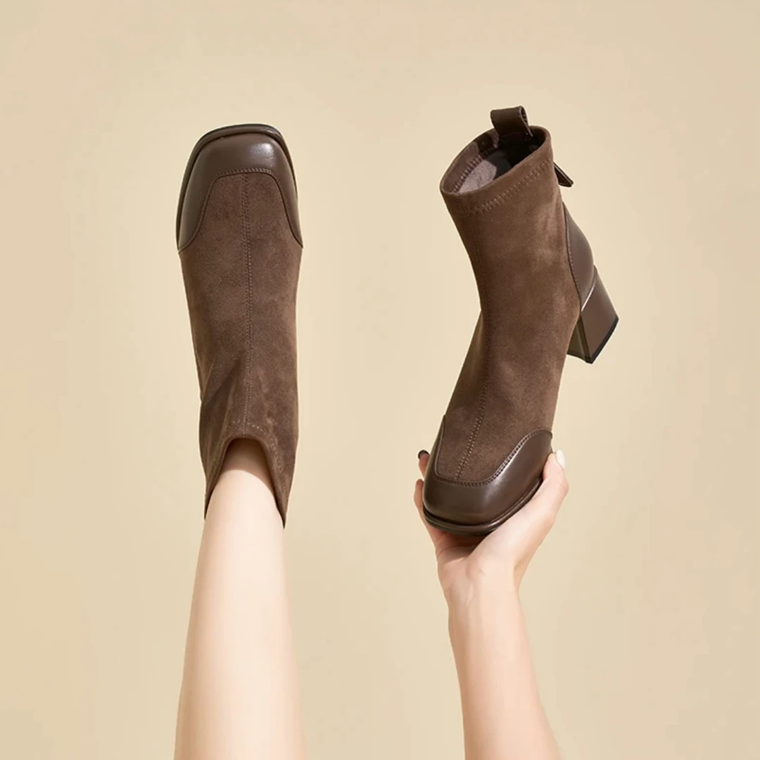 【朵苮品牌】弹力瘦瘦靴女2024新款秋冬小个子绒面高跟春秋单靴6531