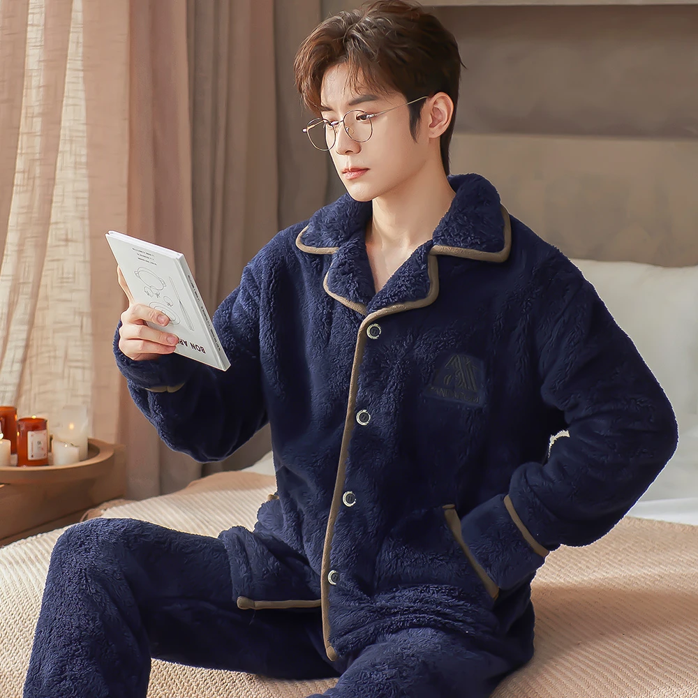 睡衣男秋冬天季加厚法兰绒套装珊瑚绒家居服男睡衣冬季加绒加厚