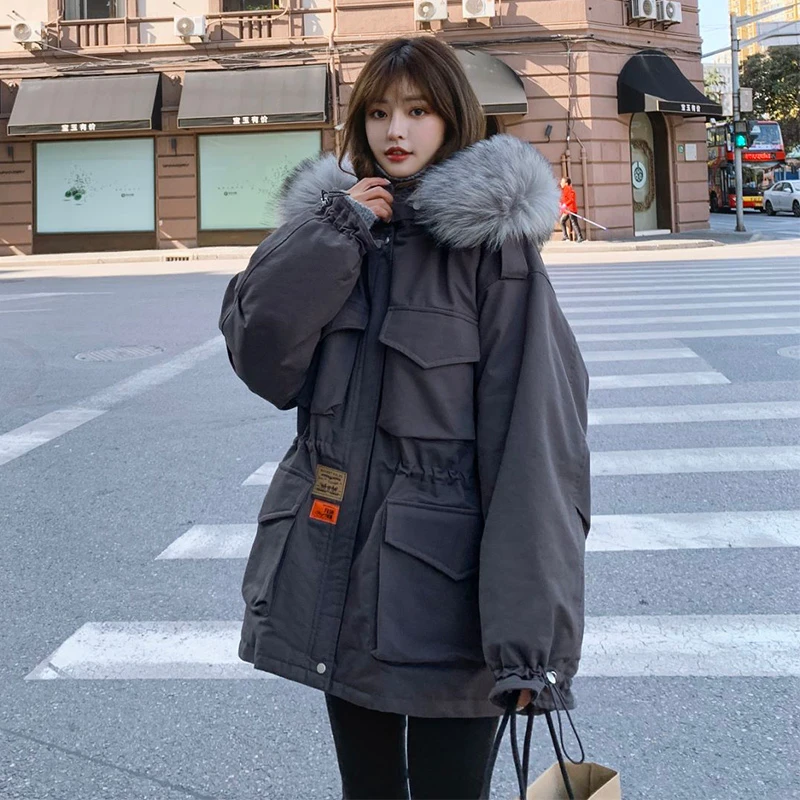 工装加绒短款棉衣外套女2025新款冬装韩版宽松学生加厚派克棉服潮