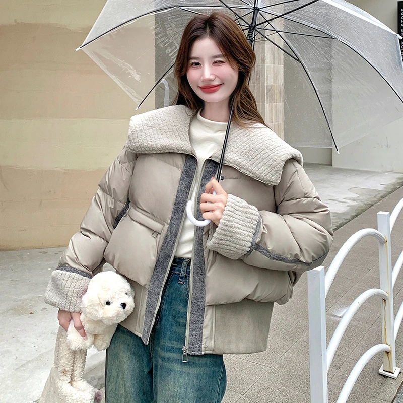 韩系设计感羊 羔毛翻领短款保暖羽绒服女冬2024新款90白鸭绒外套