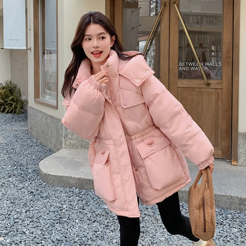 粉色小个子连帽保暖羽绒服女短款2024冬韩系超好看加厚白鸭绒外套