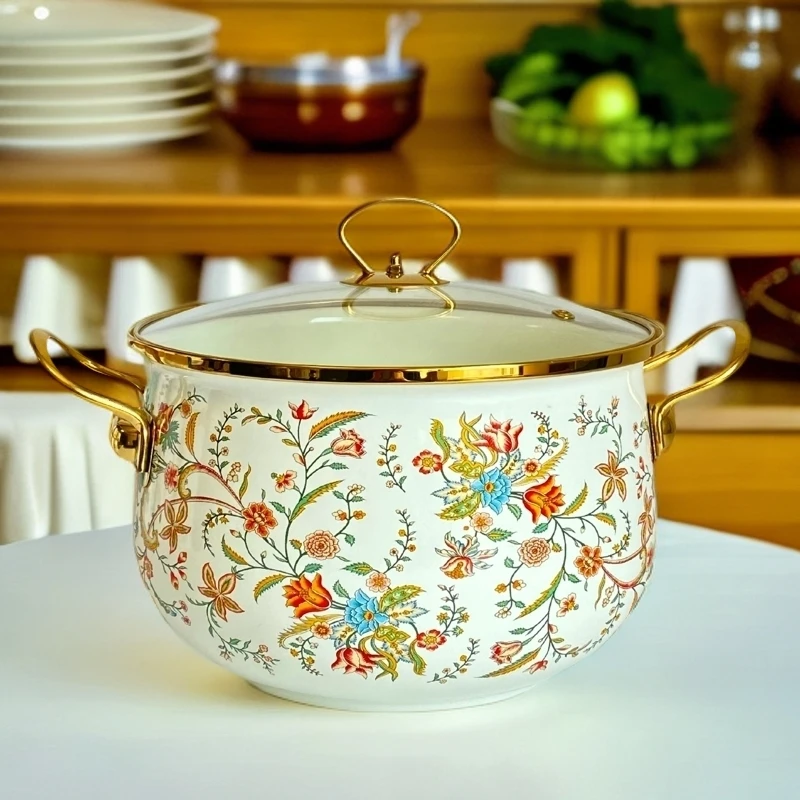 22厘米高颜值搪瓷珐琅汤锅精美花卉图案炖锅玻璃盖汤锅