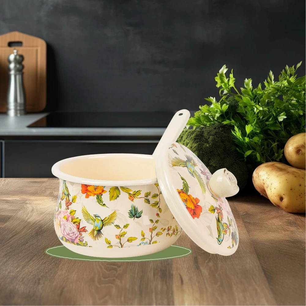 18cm珐琅搪瓷单柄卡通锅1.5kg汤锅奶锅早餐带盖电磁炉可用BL05