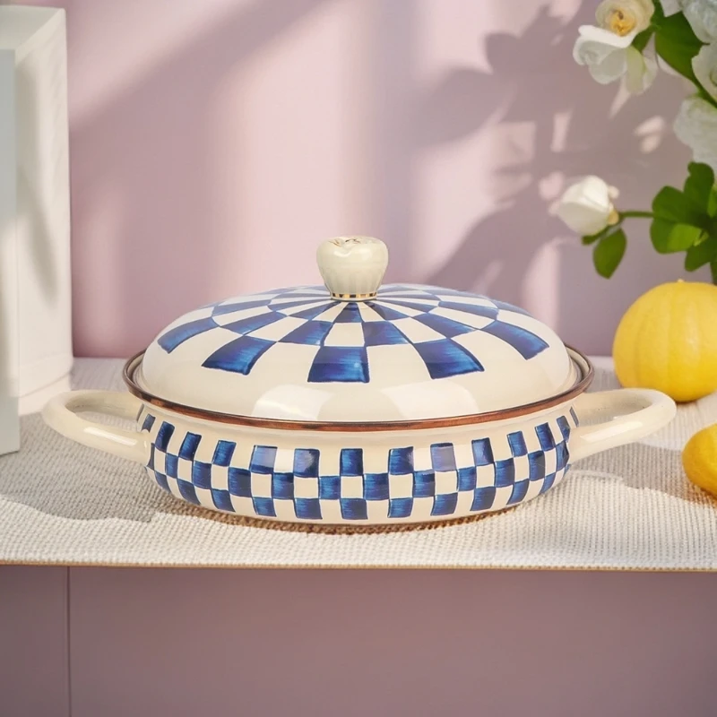 24厘米蓝白格珐琅搪瓷浅锅双耳带盖汤锅加厚家用炖锅火锅