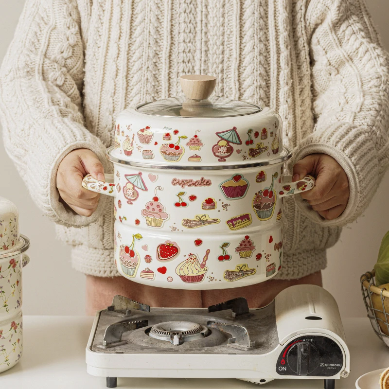 24厘米新款加厚双层蒸锅家用搪瓷蒸锅法琅二层蒸锅煤气灶可用XW08