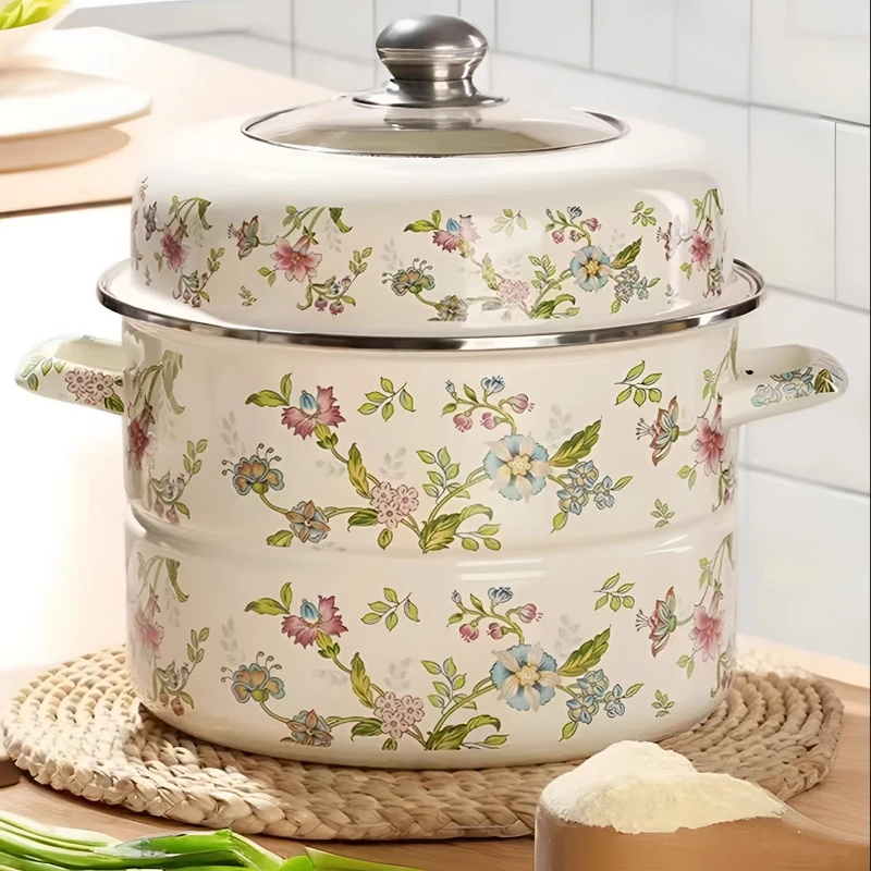 30厘米搪瓷珐琅蒸锅双耳蒸锅双层可视盖汤锅炖锅电磁炉燃气灶通用