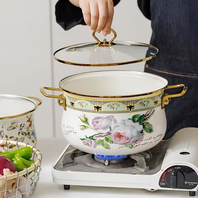 22CM古典汤锅搪瓷珐琅加厚高颜值炖锅可视盖汤锅