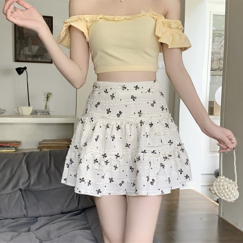 甜美减龄蝴蝶结印花短裙女装学生夏季高腰A字裙蛋糕裙显瘦半身裙