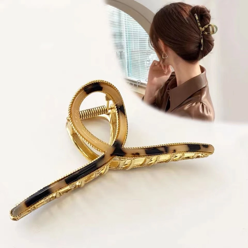 发饰女韩版简约小众设计醋酸豹纹交叉抓夹后脑勺盘发鲨鱼夹