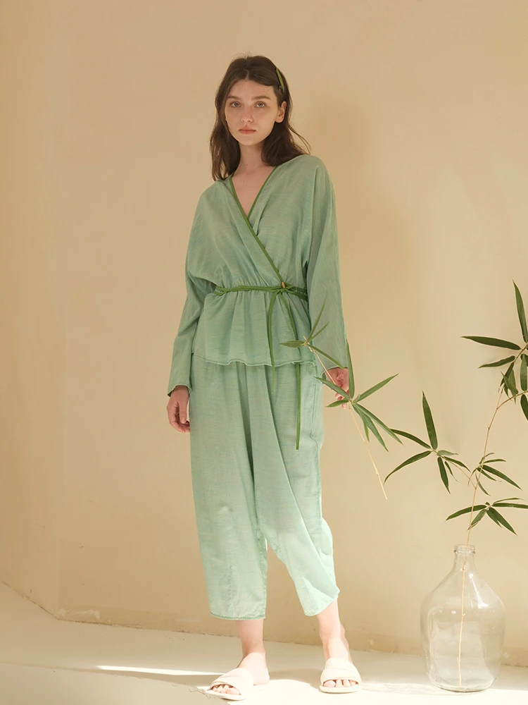 朵朵可可睡衣女春夏新款新中式V领棉麻长袖家居服套装DW241CZ162