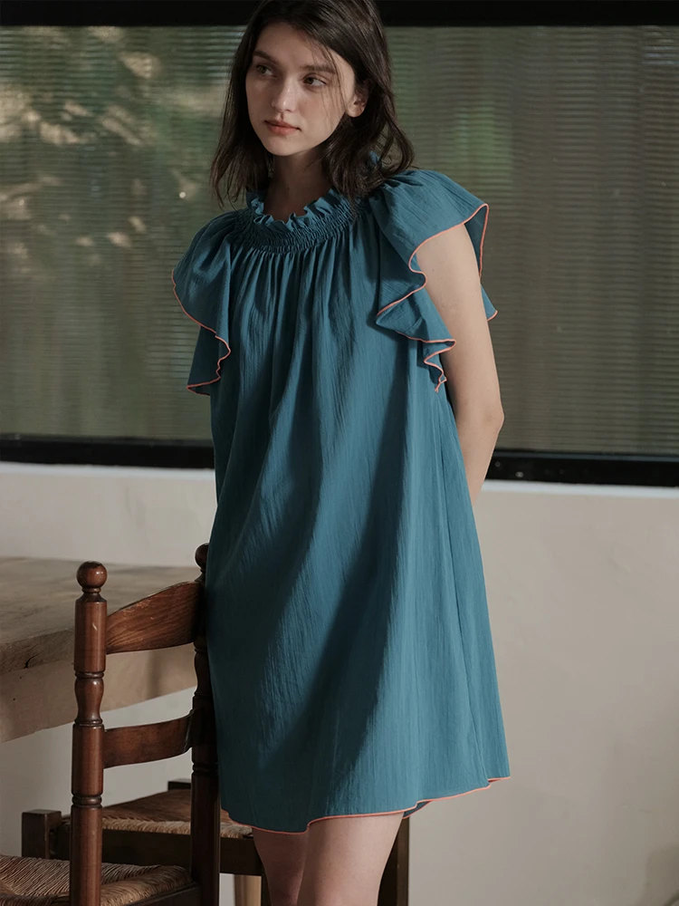 朵朵可可睡衣女夏季新款纯棉清爽圆领荷叶袖睡裙连衣裙DW241DQ035