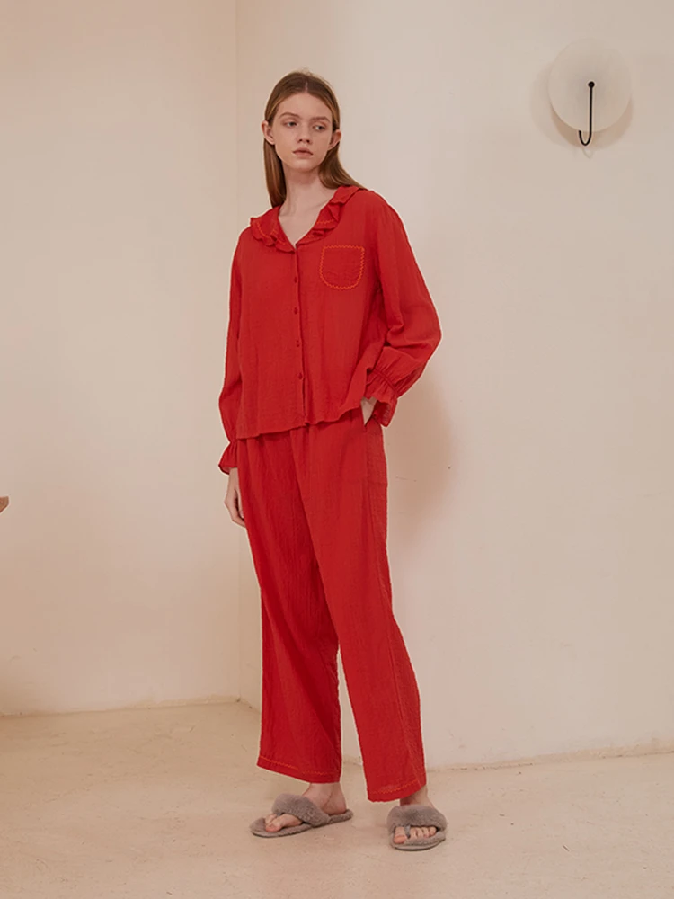 朵朵可可睡衣女春夏季纯棉红色本命年新年甜美家居服DW221CZ080