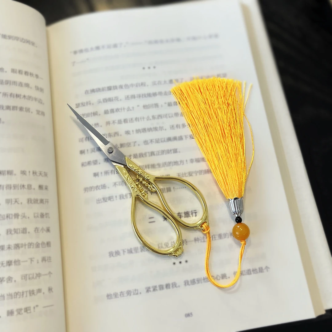 大鱼美居  家用中式流苏不锈钢剪刀摆件 5032小花剪金色+金色流苏