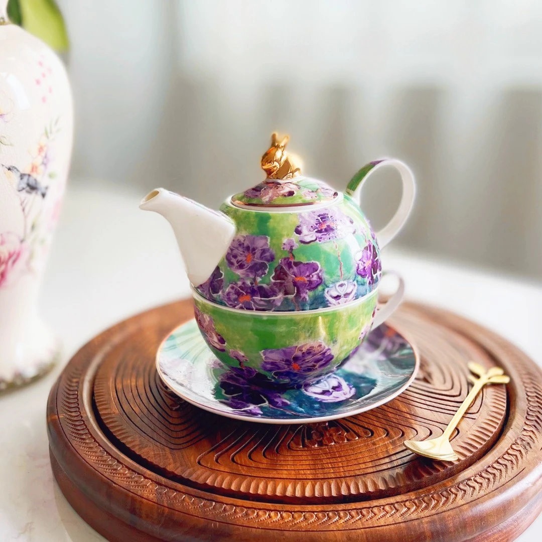 大鱼美居 珂莱斯欧式轻奢紫莲花骨瓷一人壶子母壶 水壶咖啡具套装