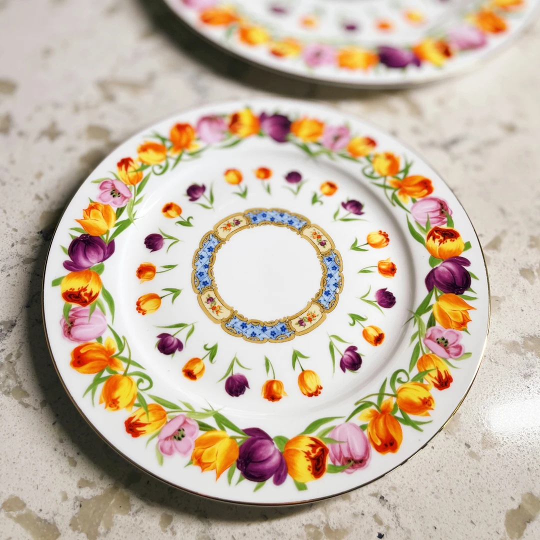 大鱼美居  家用轻奢高白强化瓷描金边郁金香8+10.5寸平盘  2件套