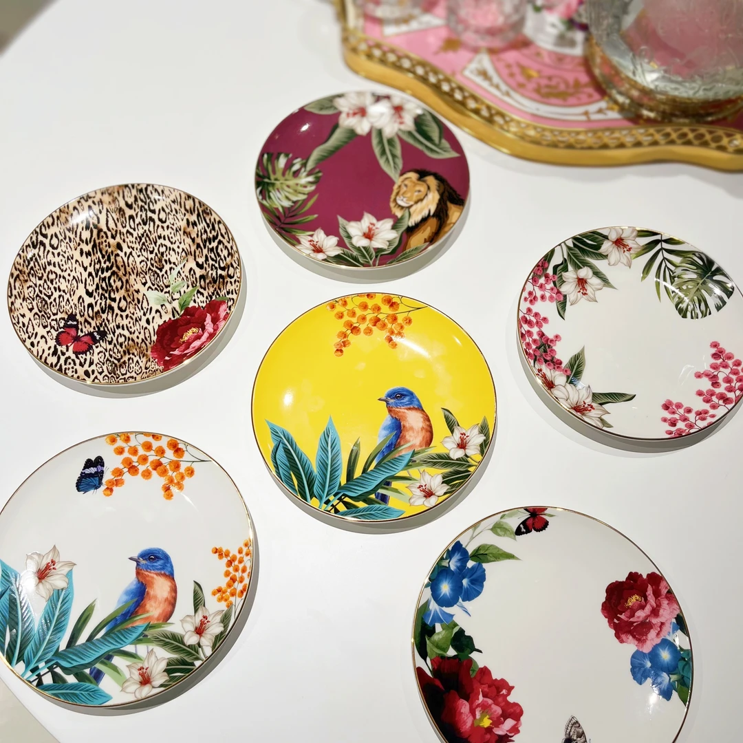 大鱼美居  轻奢英式新骨瓷圆形哥斯达黎加甜品盘6件套 点心碟杯碟