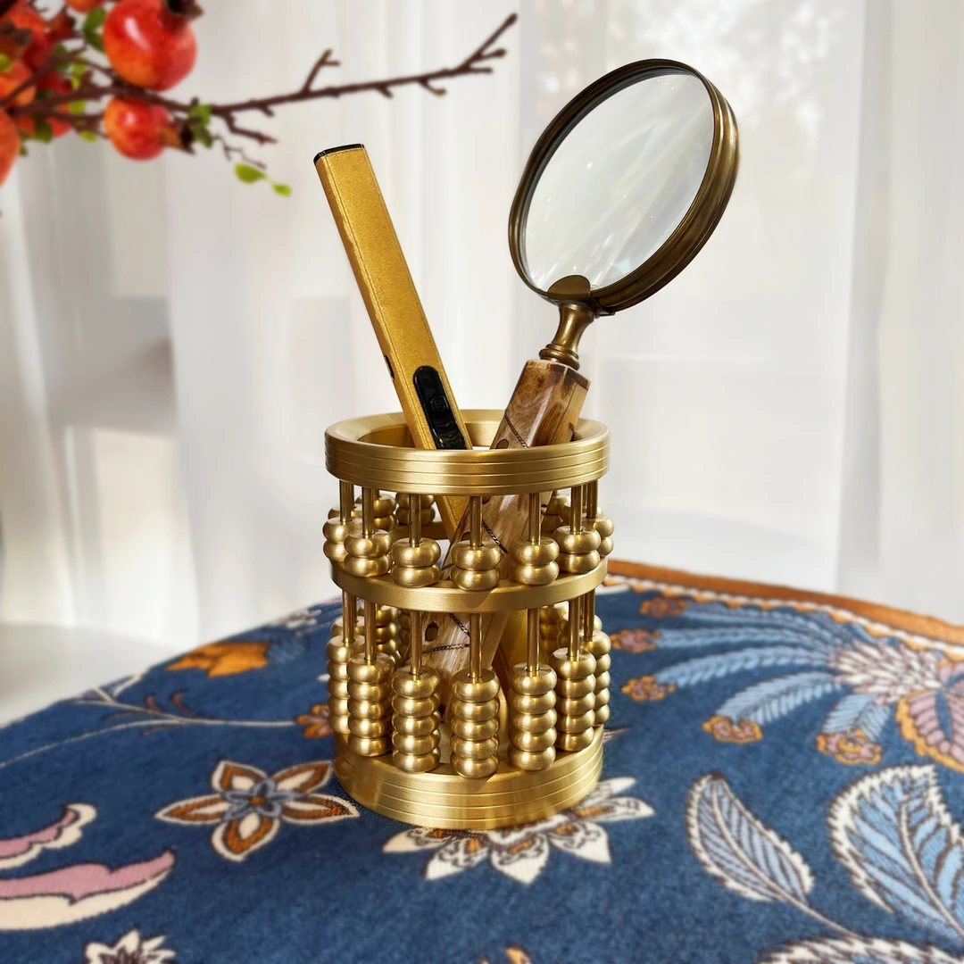 大鱼美居 轻奢黄铜可拨动算盘笔筒 中式书房客厅餐厅桌面装饰摆件