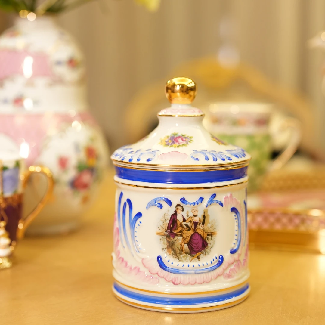 大鱼美居 浮雕手工描金宫廷风糖果罐 收纳罐H022密封罐-蓝
