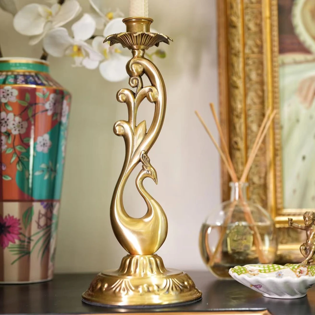 大鱼美居黄铜陶瓷创意凤凰烛台摆件复古轻奢摆设金色家用工艺品