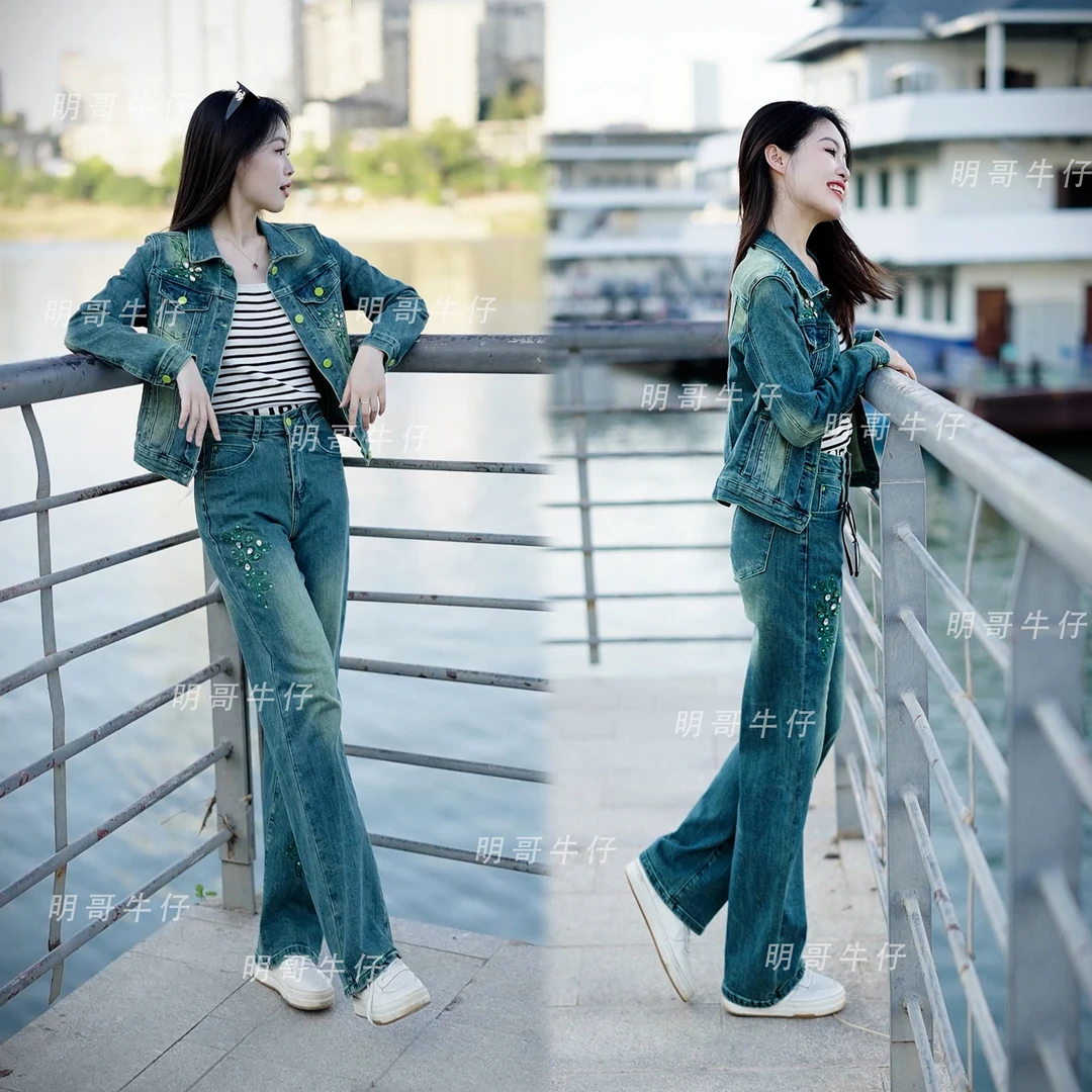 蓓蓓牛仔欧货刺绣手工订钻微弹高端牛仔面料套装减龄802