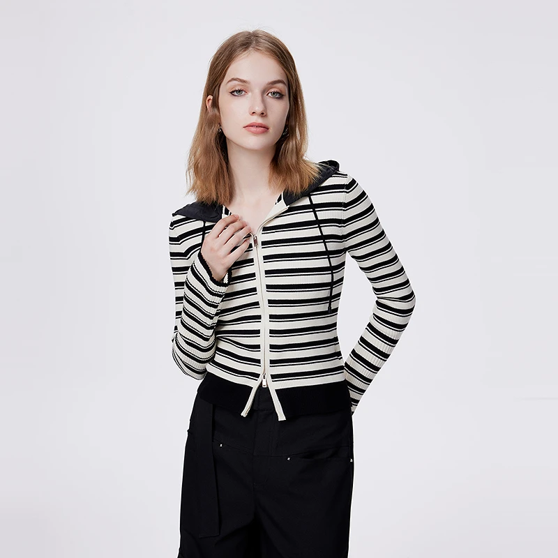 卡拉佛条纹连帽针织衫季双拉链外套241F130下架