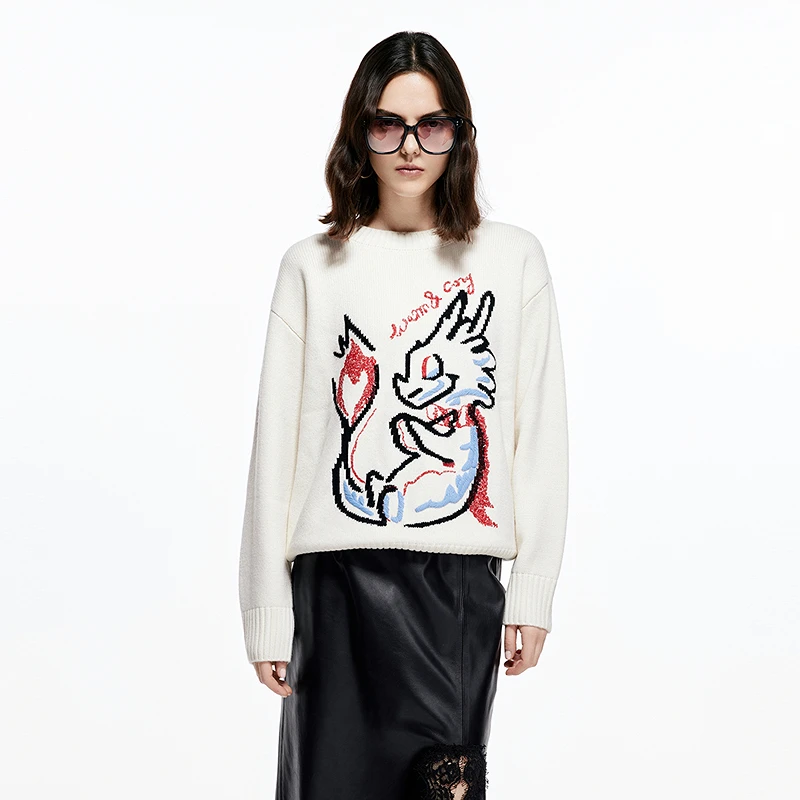 COLOVE100绵羊毛亮片刺绣本命年毛衣新年小龙图案上衣女234Q222