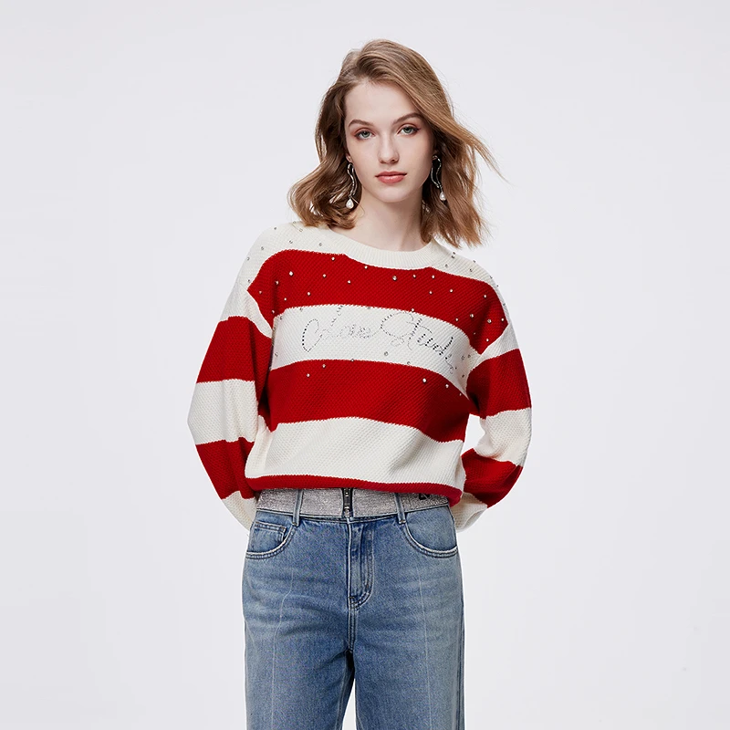 COLOVE新年战袍绵羊毛条纹针织衫女秋季新款毛衣241Q097