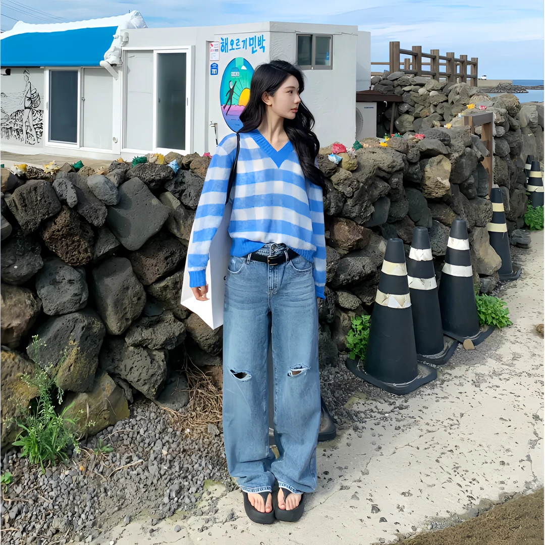 COLOVE蓝色条纹羊毛针织衫女秋冬装新款时尚洋气格纹上衣233Q229