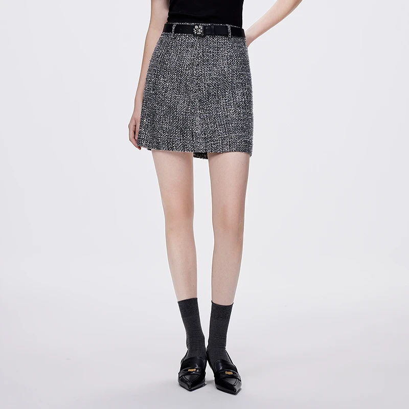 COLOVE千金风银色亮丝半身裙女秋季新款A字裙子241S180