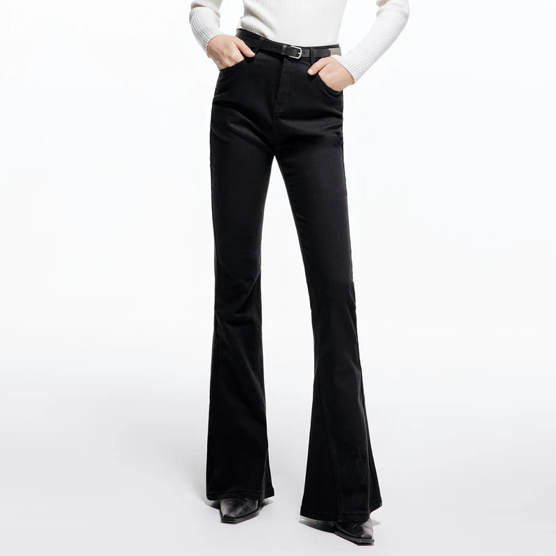 COLOVE黑色加绒喇叭裤冬季新款显瘦气质牛仔裤时尚洋气234T029