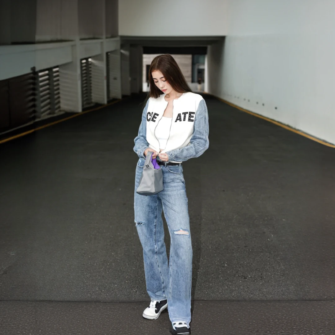 COLOVE牛仔拼接针织衫女秋季新款时尚洋气简约针织开衫233F244