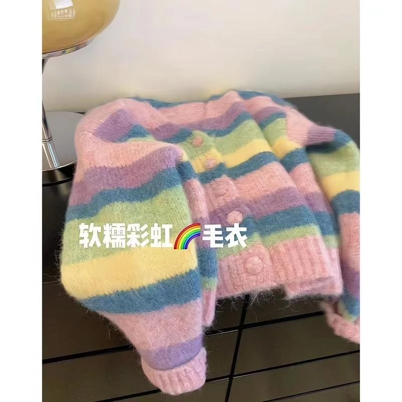 韩国童装女童外套秋冬季针织衫洋气宝宝韩版时髦儿童开衫条纹毛衣