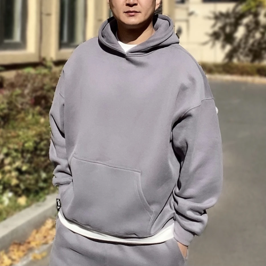 加绒卫衣基础款欧美同款oversize纯色卫衣落肩套头加绒连帽卫衣潮