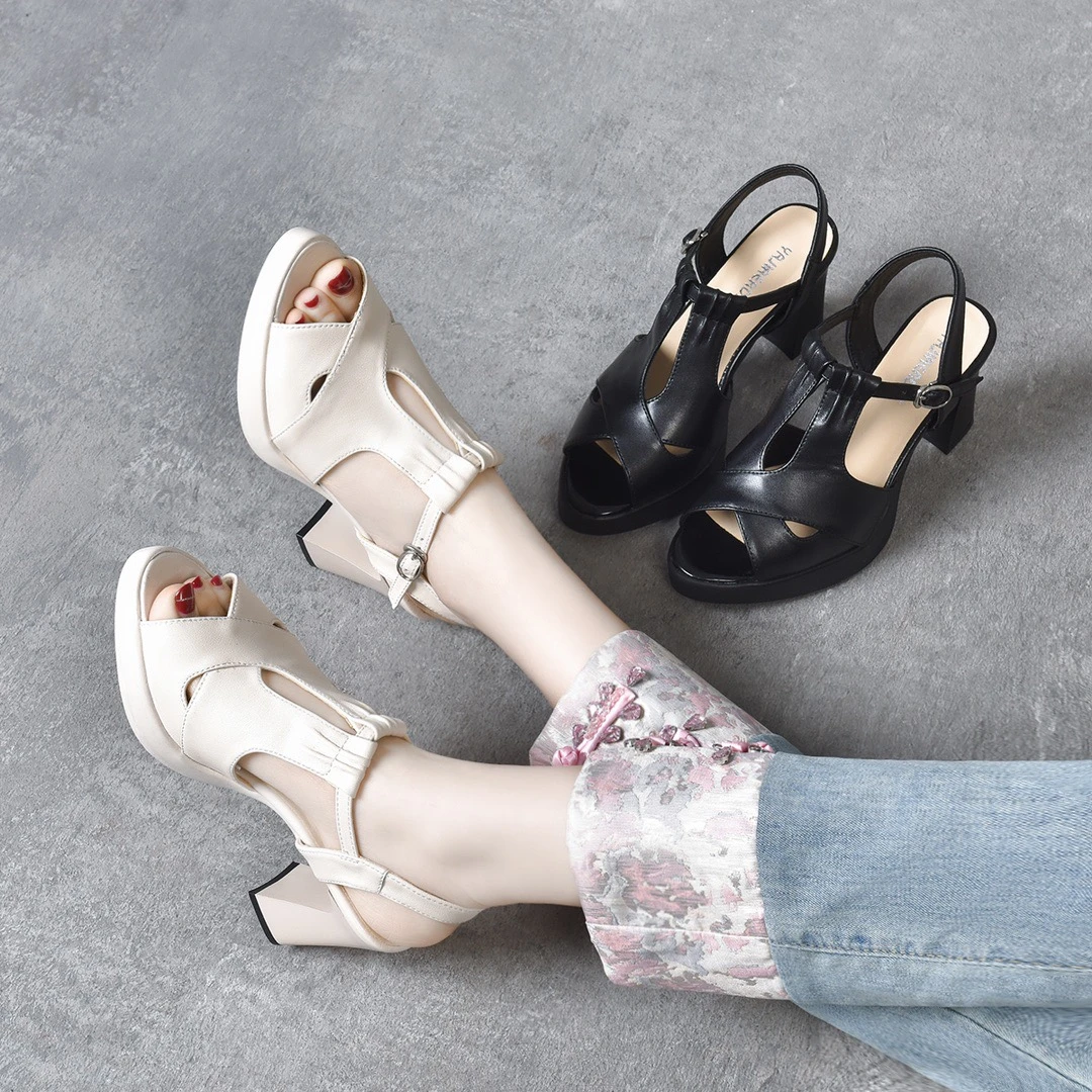 真皮高跟鱼嘴鞋2024夏季新款透气防水台凉鞋牛皮厚底日常春夏粗跟