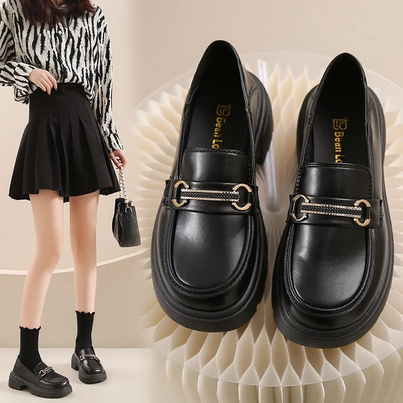 厚底乐福鞋圆头乐福鞋女鞋单鞋百搭黑色复古英伦风春秋时尚学院风