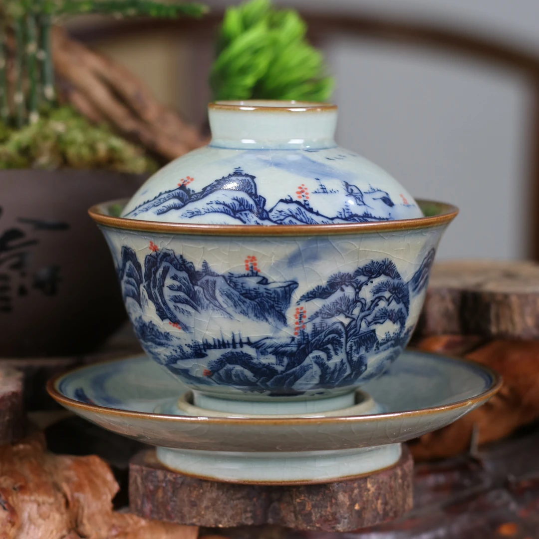 景德镇高端手工陶瓷手绘茶具三才盖碗釉里红柴窑大号纯手工家用