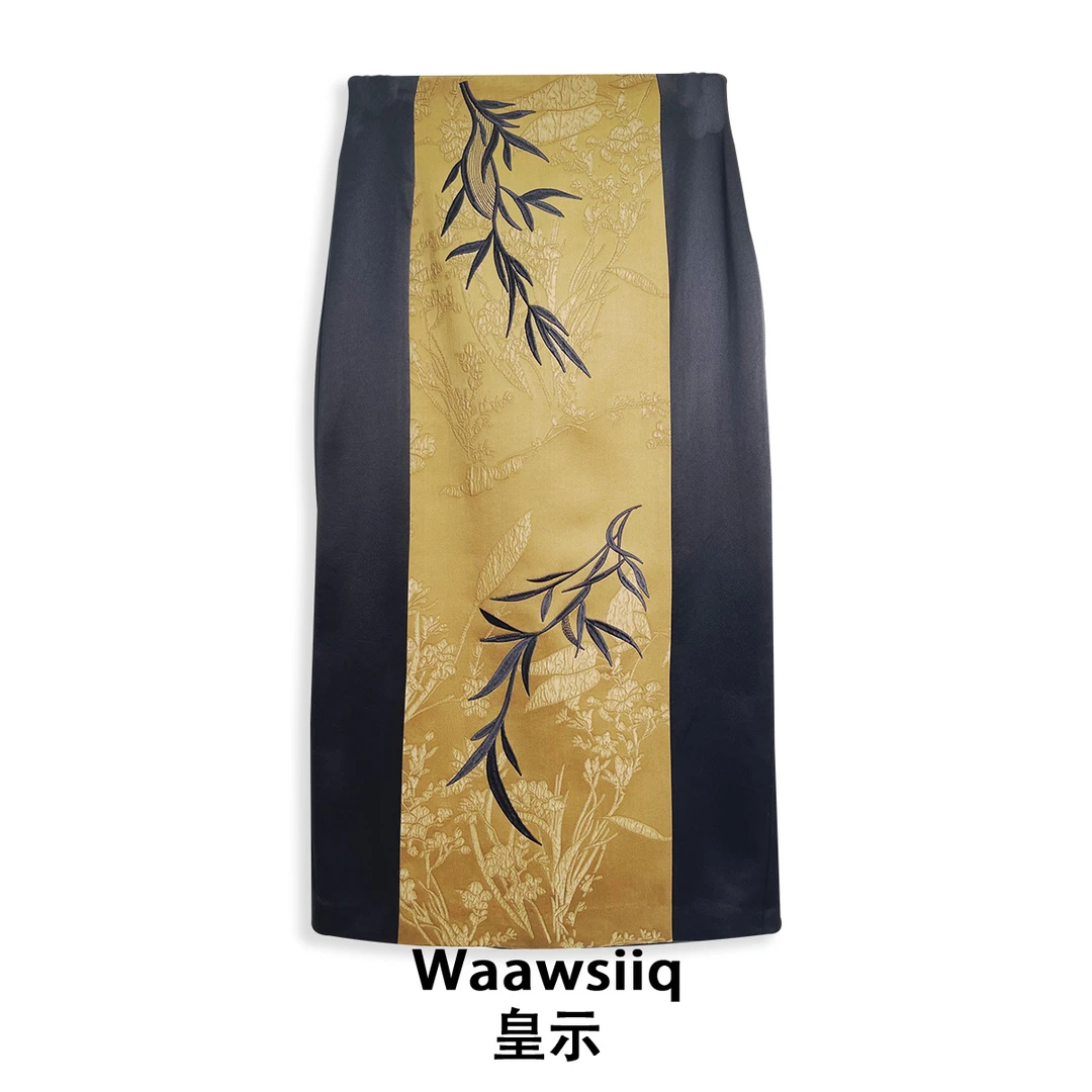 中国风刺绣醋酸中式复古高腰直筒包臀裙/2795