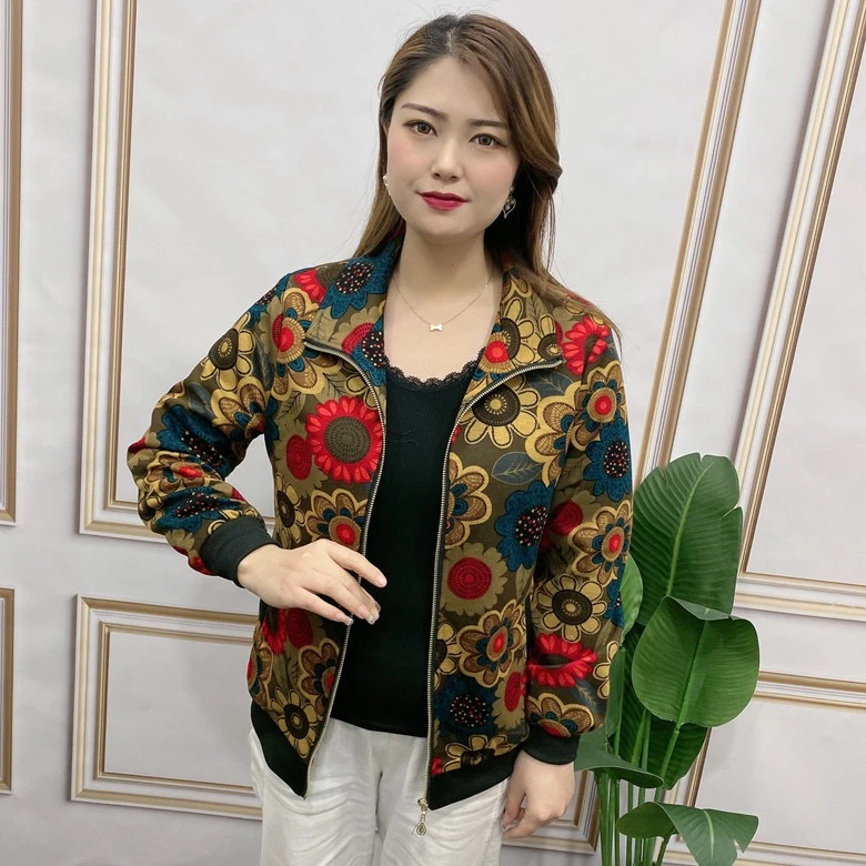 8775春秋季时尚妈妈装大码新款花色印花休闲百搭夹克宽松洋气外套