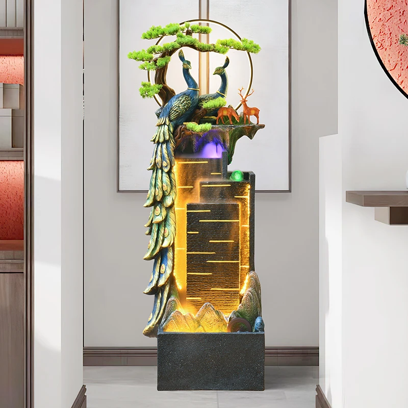 孔雀循环水幕墙客厅玄关会所室内造景假山喷泉开业装饰品流水摆件