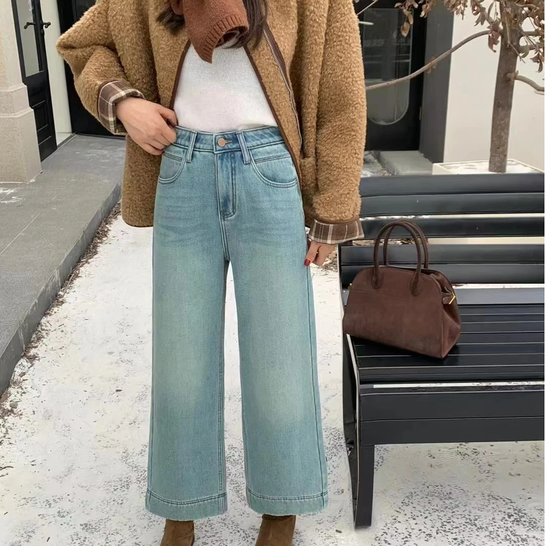 冬季中高腰韩版加绒直筒牛仔裤