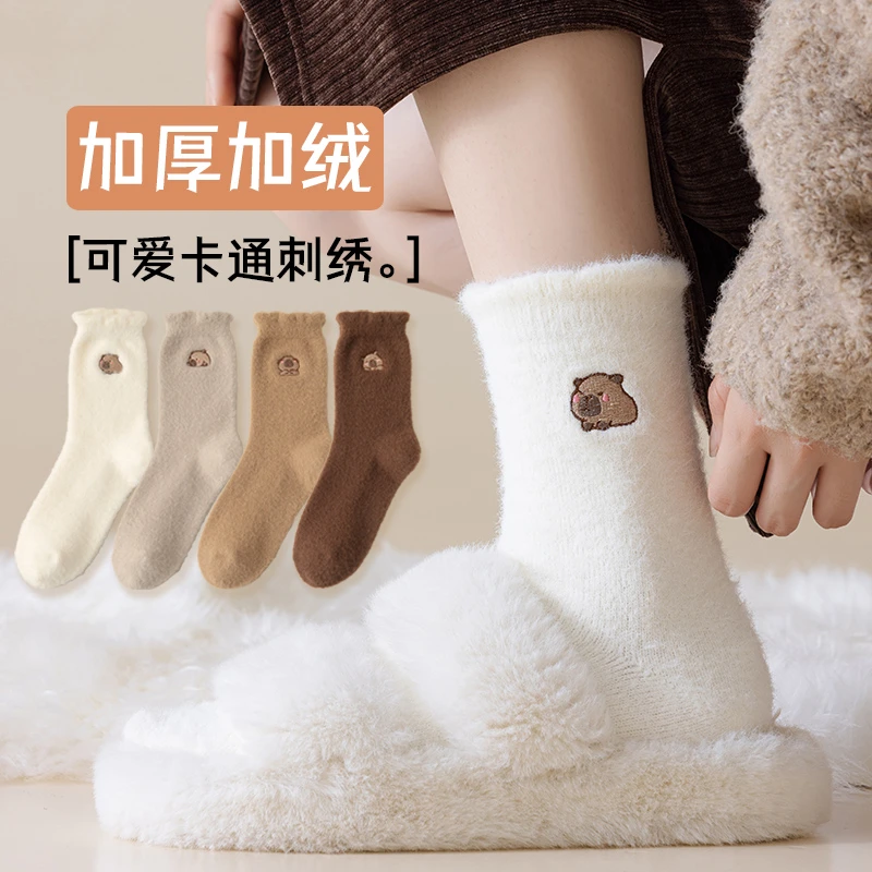 澳绒袜子女冬季加厚保暖中筒袜可爱卡通毛绒长袜ins潮睡眠地板袜