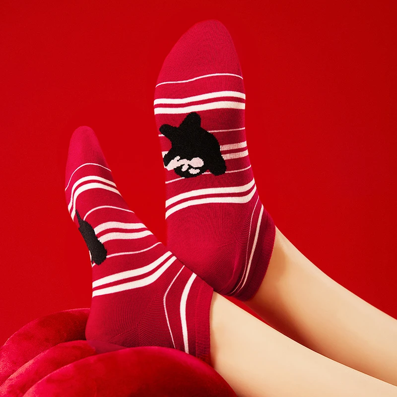 本命年红袜子女款小人图案踩地袜蛇年大红色短袜低帮防滑新年船袜