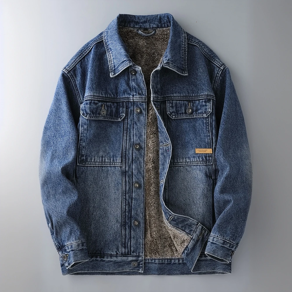 哈曼勒拿潮牌蓝色加绒牛仔外套男士冬季加厚复古百搭宽松休闲夹克
