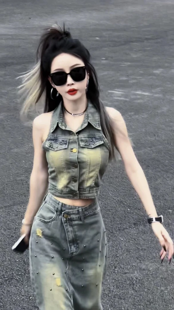 【妍三也】复古牛仔背心马甲女高腰开叉长裙夏装时尚网红炸街套装