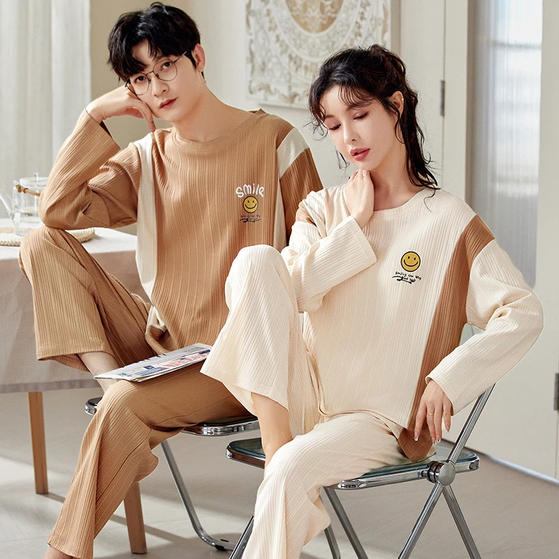 2024春秋季新款大码长袖情侣睡衣套装宽松韩版韩版套头休闲家居服